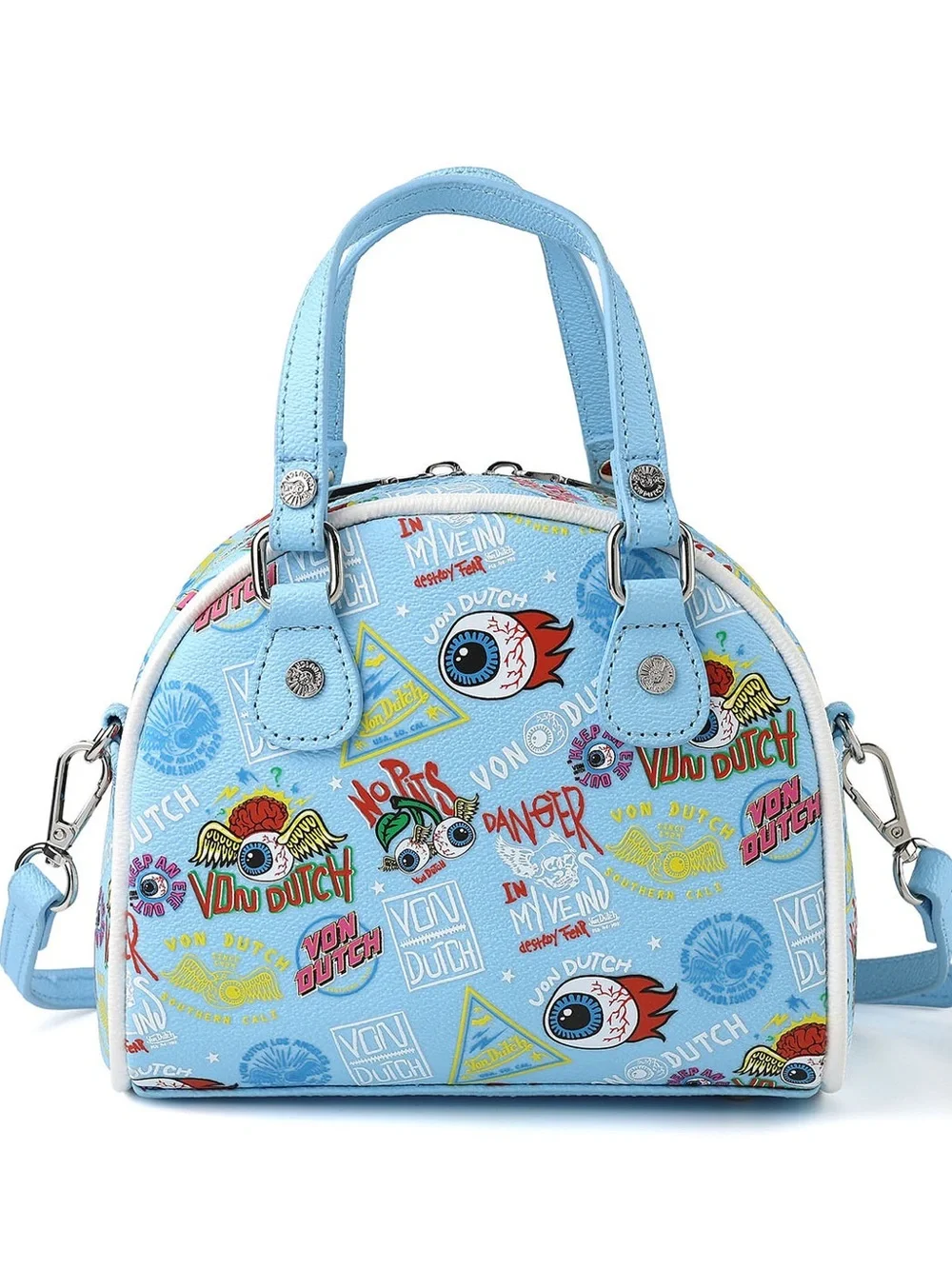 Von Dutch Light Blue Dome Satchel with Multicolor Logo Print